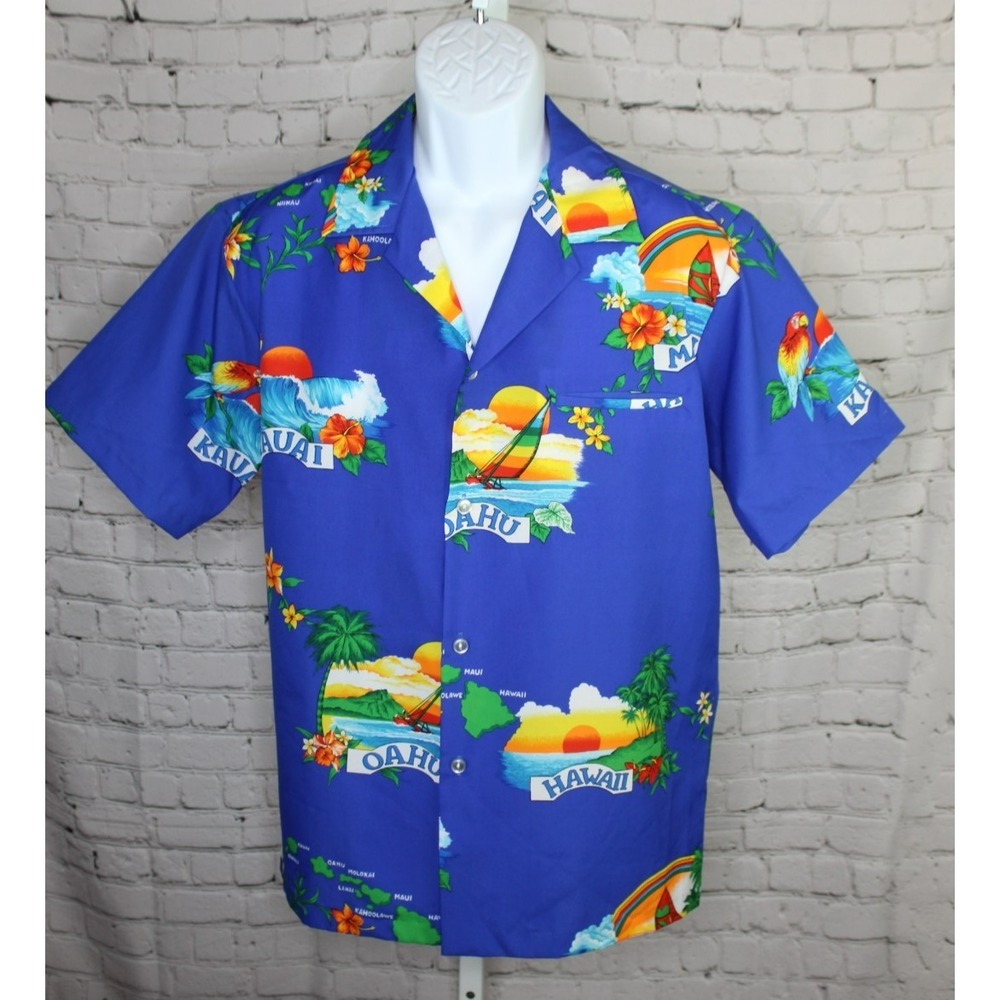Vtg 80's Shoreline Men's Blue HAWAIIAN Sunset TROPICAL Hawaii Island Shirt XL